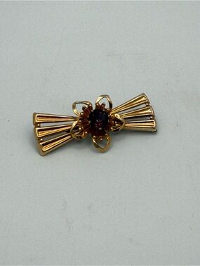 Van Dell Bow Brooch 12k GF with Deep Purple Glass Stone